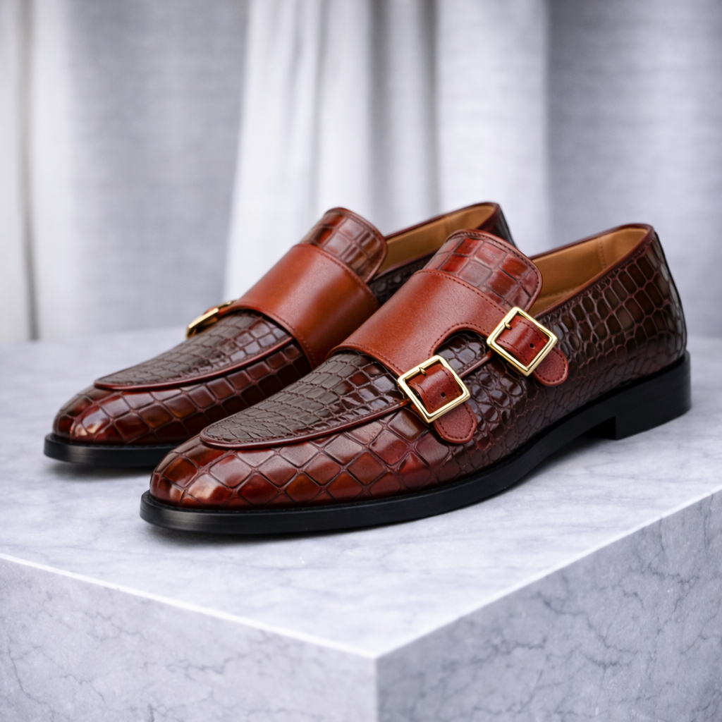 Brown croc-embossed leather monk strap shoes with gold buckles — front three-quarter view