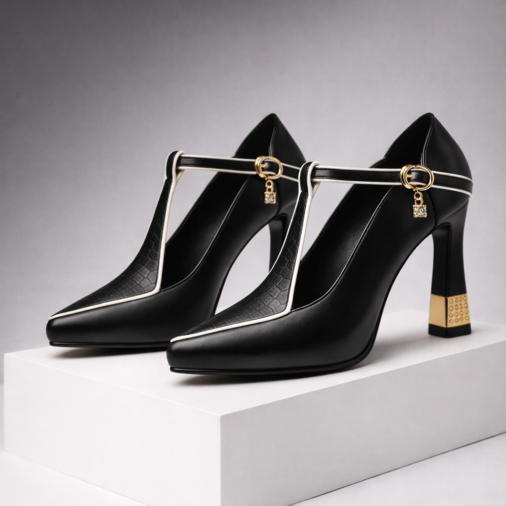 Women's Leather Block Heels with Buckle — close-up