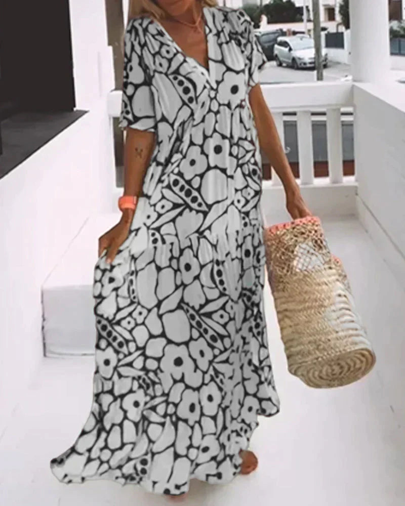 V-Neck Floral Print Maxi Dress for Women