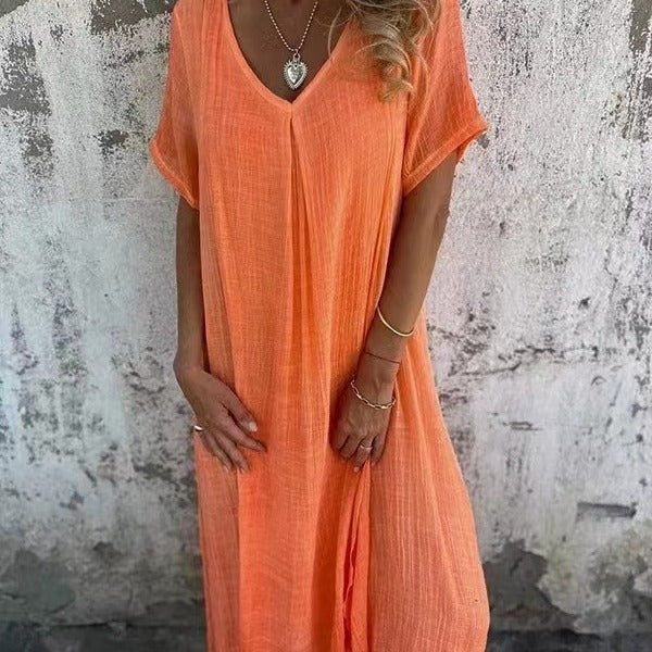 Women's V-Neck Casual Midi Dress — close-up