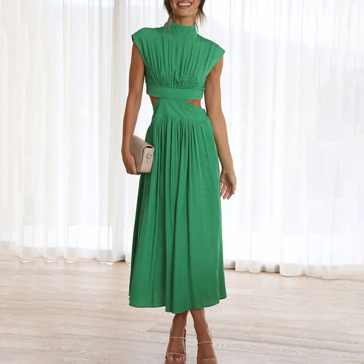 Green halter neck midi dress with cutout waist detail — front view
