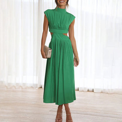 Green halter neck midi dress with cutout waist detail — front view