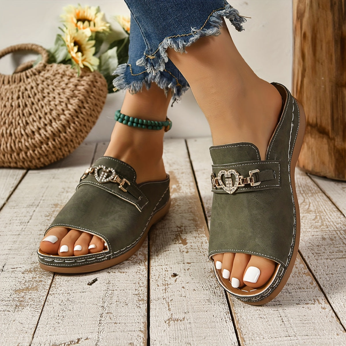 Buckle Strap Flat Slide Sandals for Women