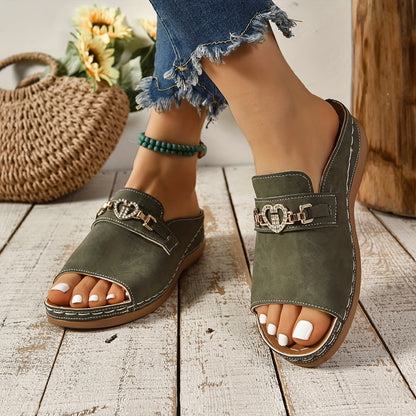 Buckle Strap Flat Slide Sandals for Women