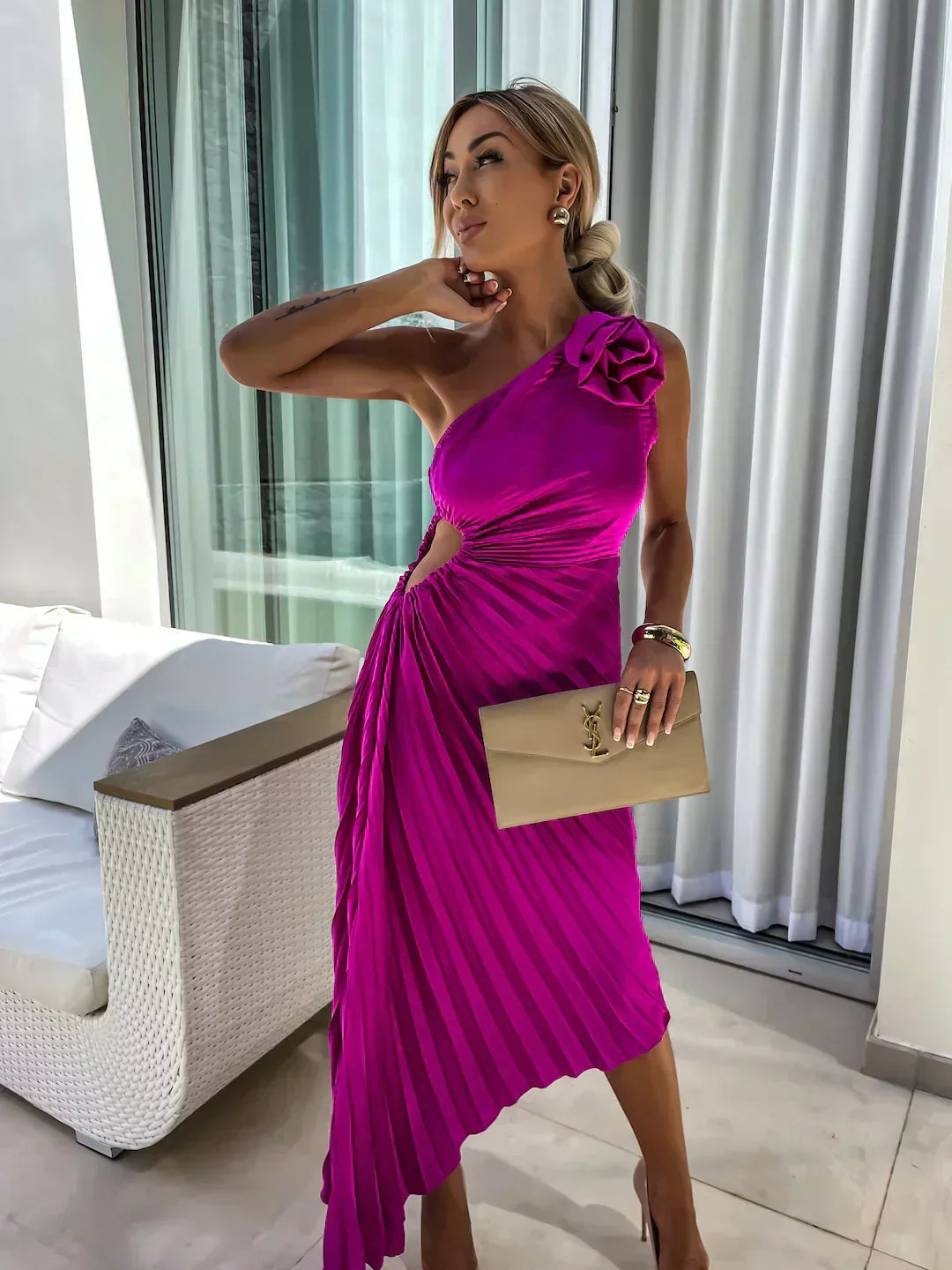 One-Shoulder Pleated Midi Dress for Women