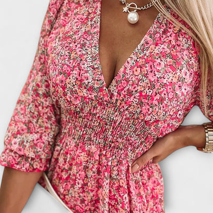 Women's Floral Puff Sleeve Summer Midi Dress — front view