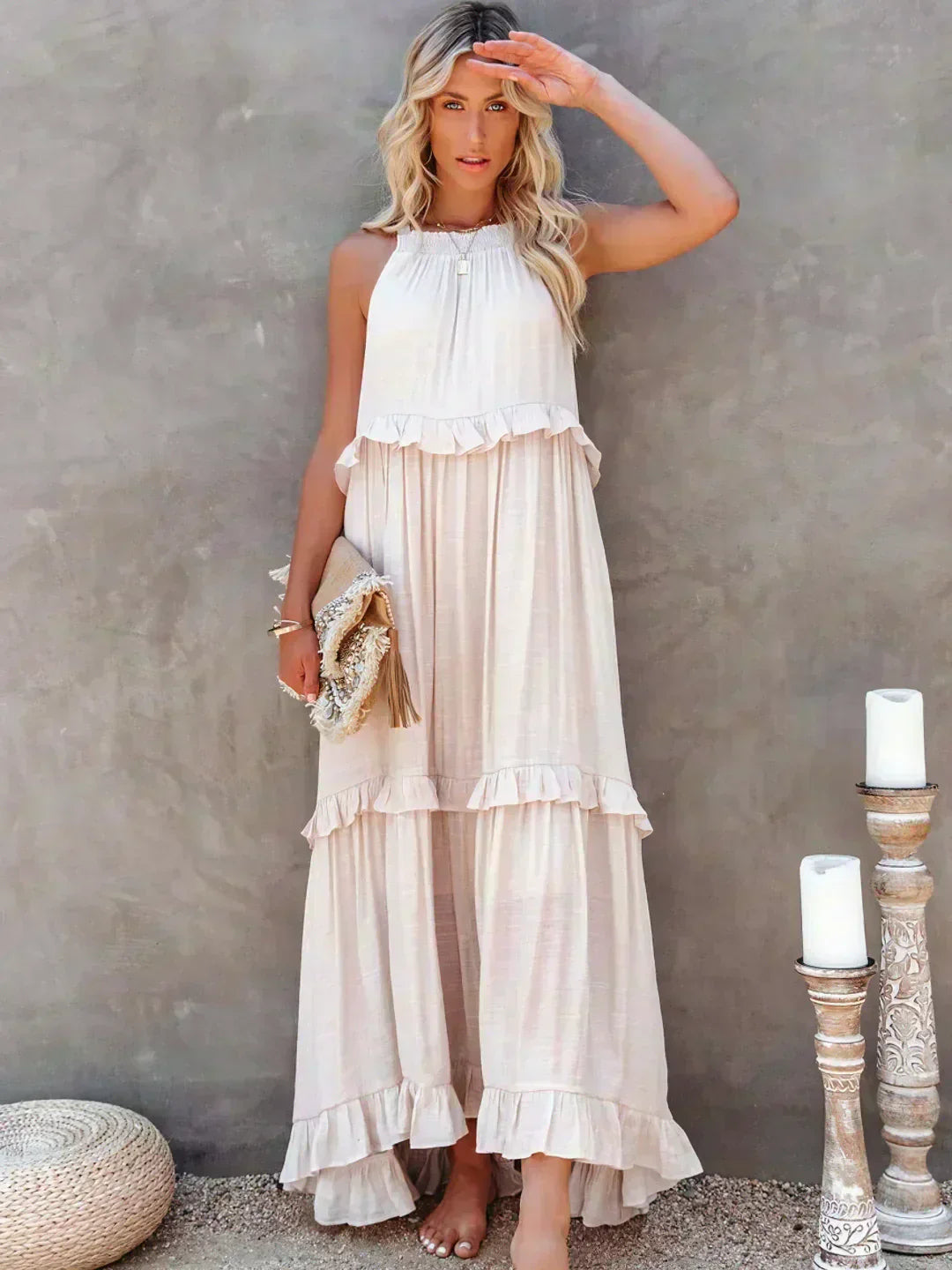Women's sleeveless tiered ruffle maxi dress in cream and blush colorblock — front view