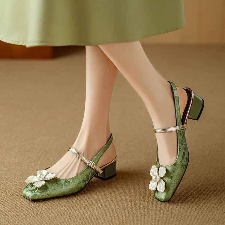 Women's Floral Slingback Square Toe Block Heel Pumps — front view