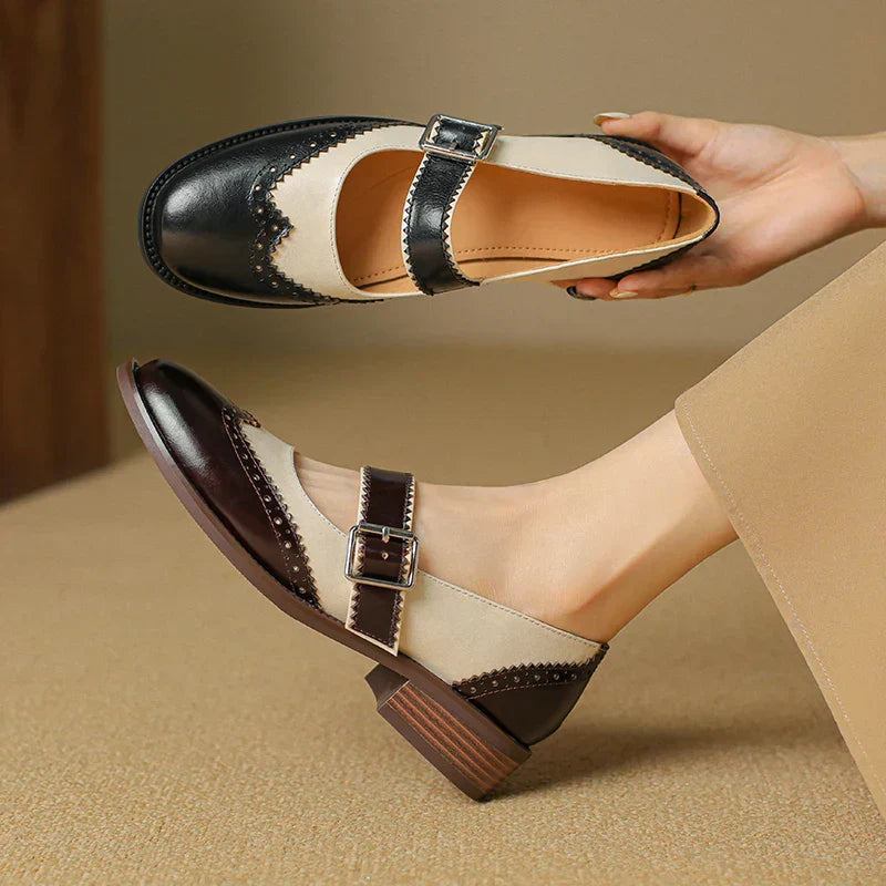 Women's Two-Tone Leather Mary Jane Brogue T-Strap Shoes — front view