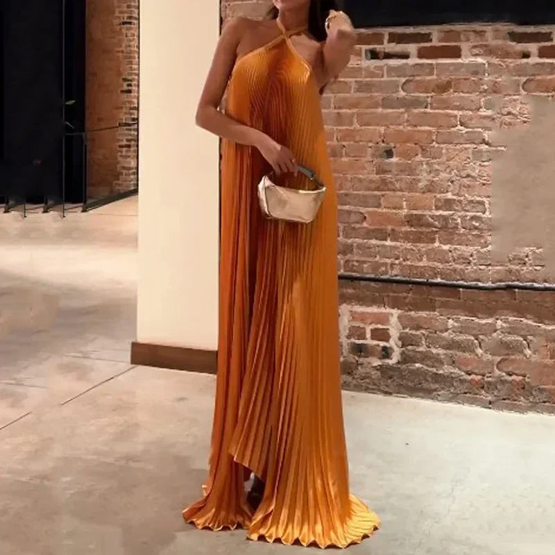 Women's Pleated Halter Wedding Guest Maxi Dress — detail view