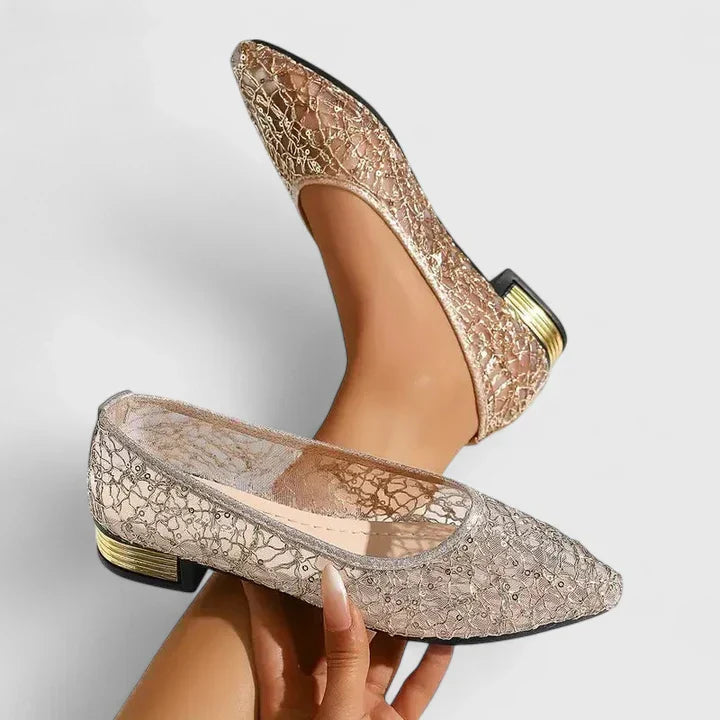 Women's Lace Pointed Toe Flats Low Block Heel — product view