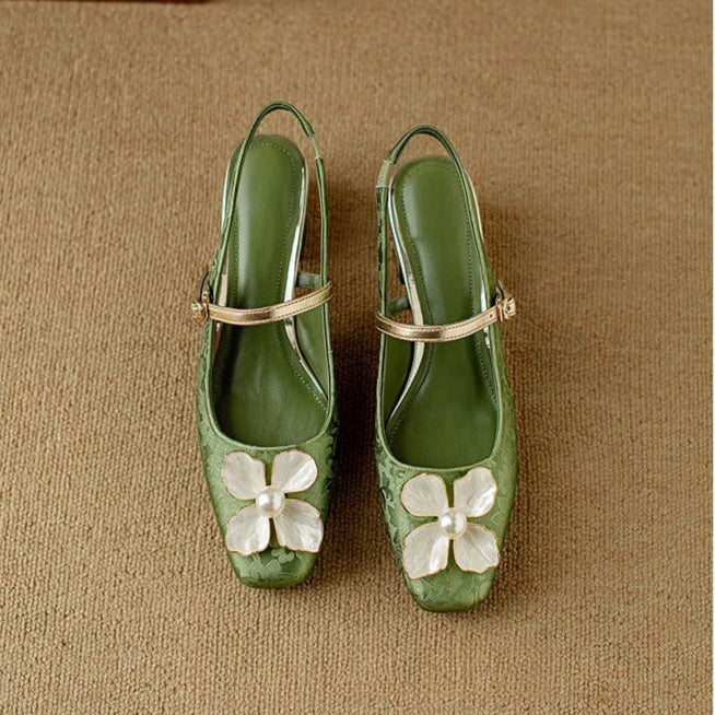 Women's Floral Slingback Square Toe Block Heel Pumps — close-up