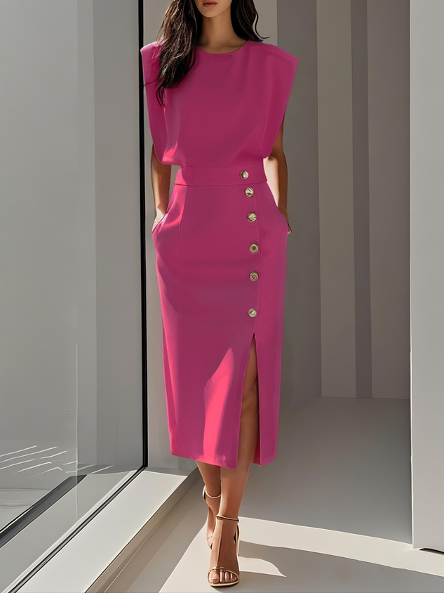 Button-Front Midi Dress with Side Slit for Women