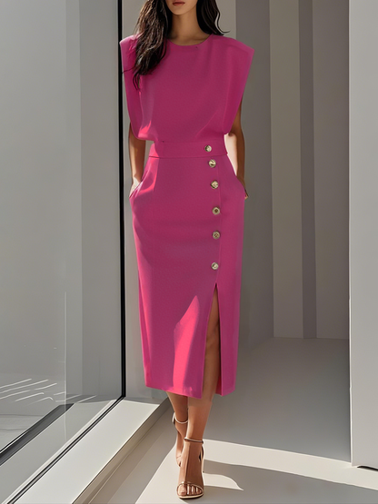 Button-Front Midi Dress with Side Slit for Women