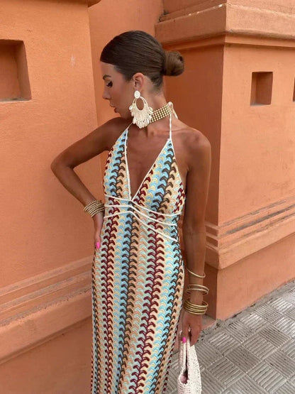 Deep V-Neck Halter Maxi Dress for Women
