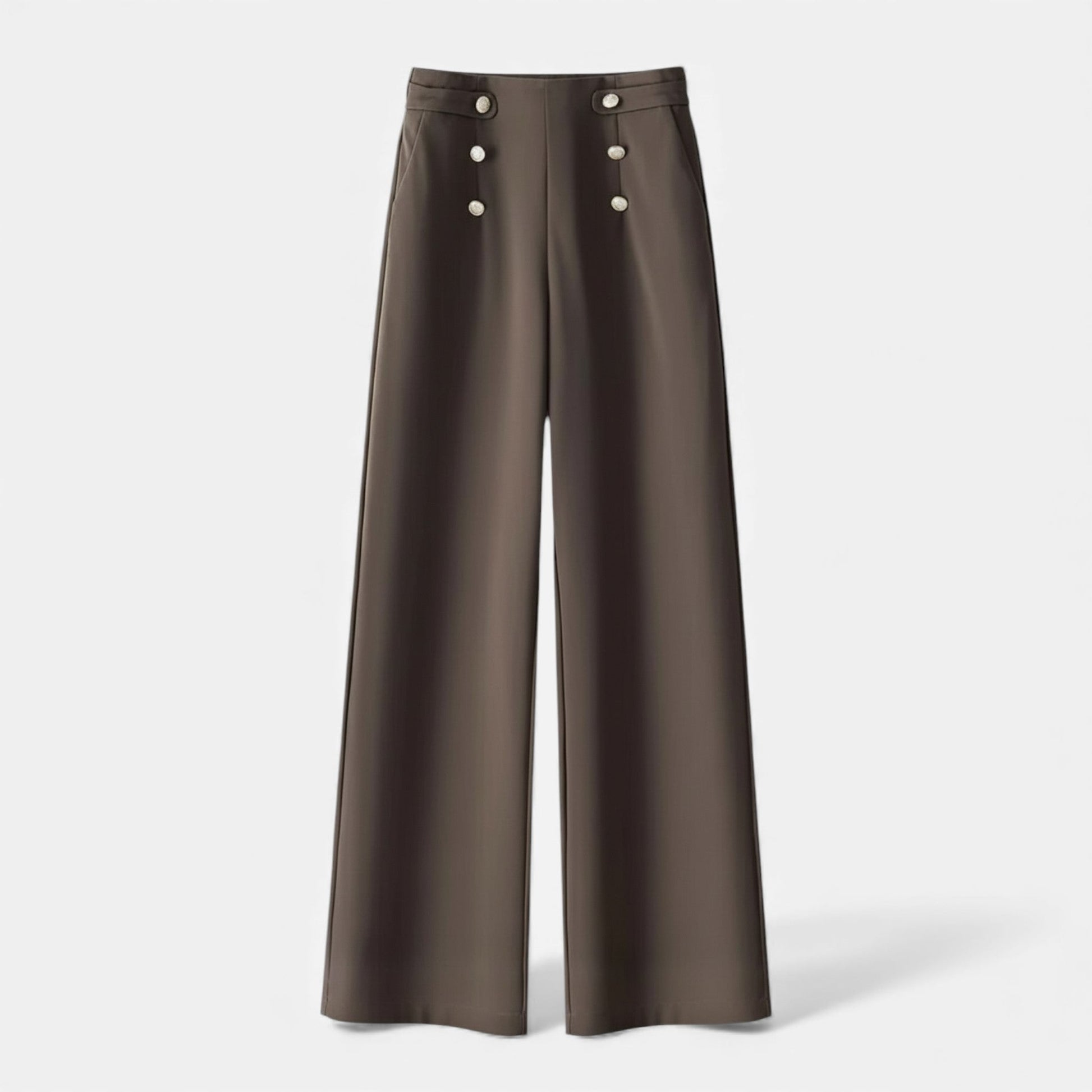 Dark olive high-waist wide-leg pants with silver button details — front view
