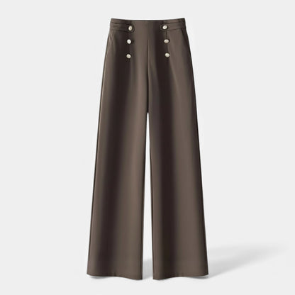 Dark olive high-waist wide-leg pants with silver button details — front view