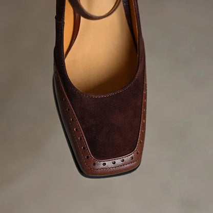 Women's Square Toe Block Heel Pumps Ankle Strap — close-up