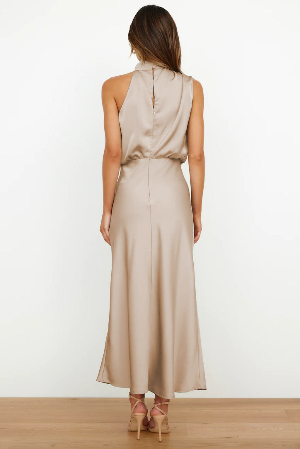 Women's Satin Halter Evening Maxi Dress — close-up