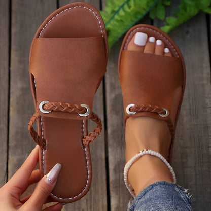 Women's Woven Slip-On Buckle Sandals — front view