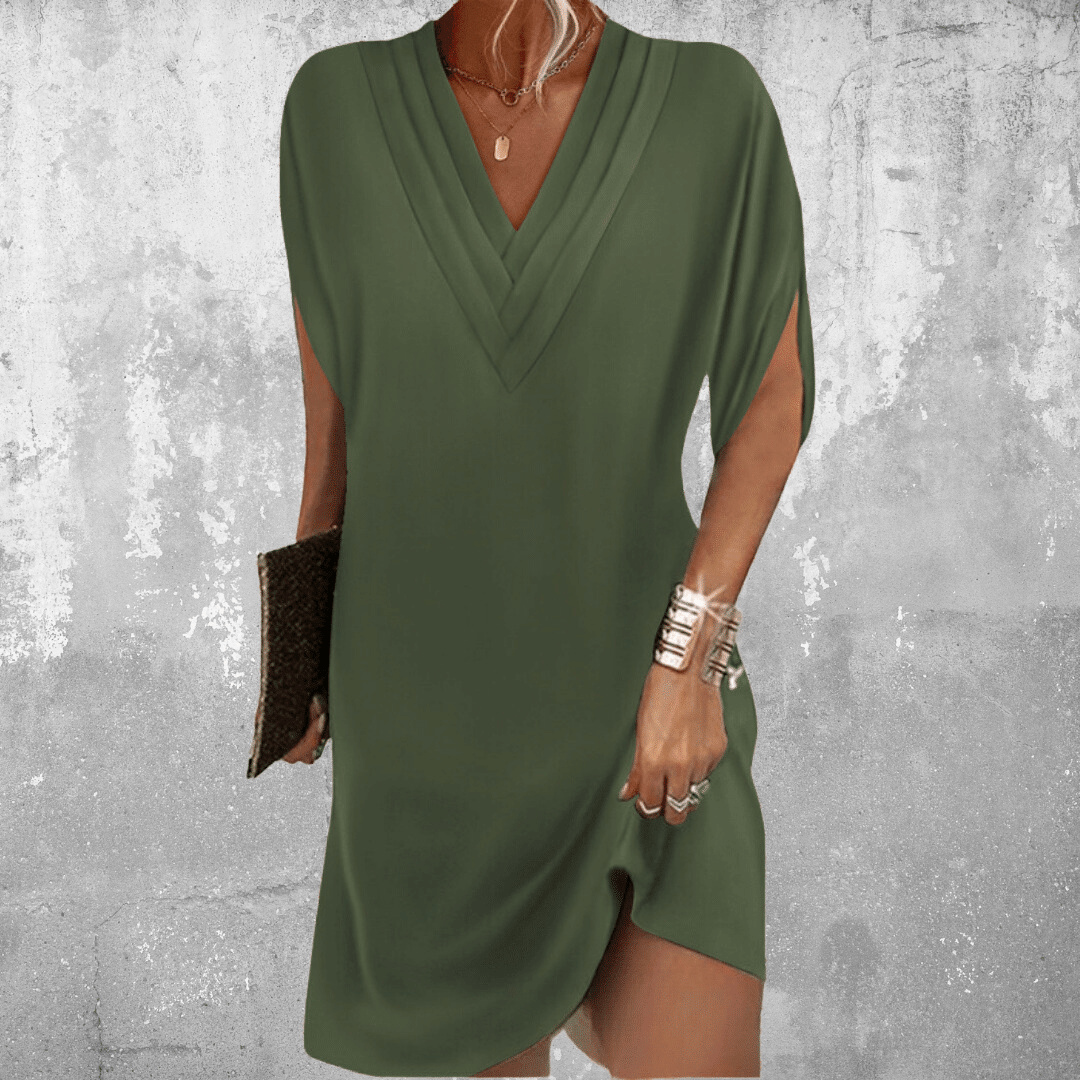 Olive green V-neck midi dress with draped sleeves and side slit — front view