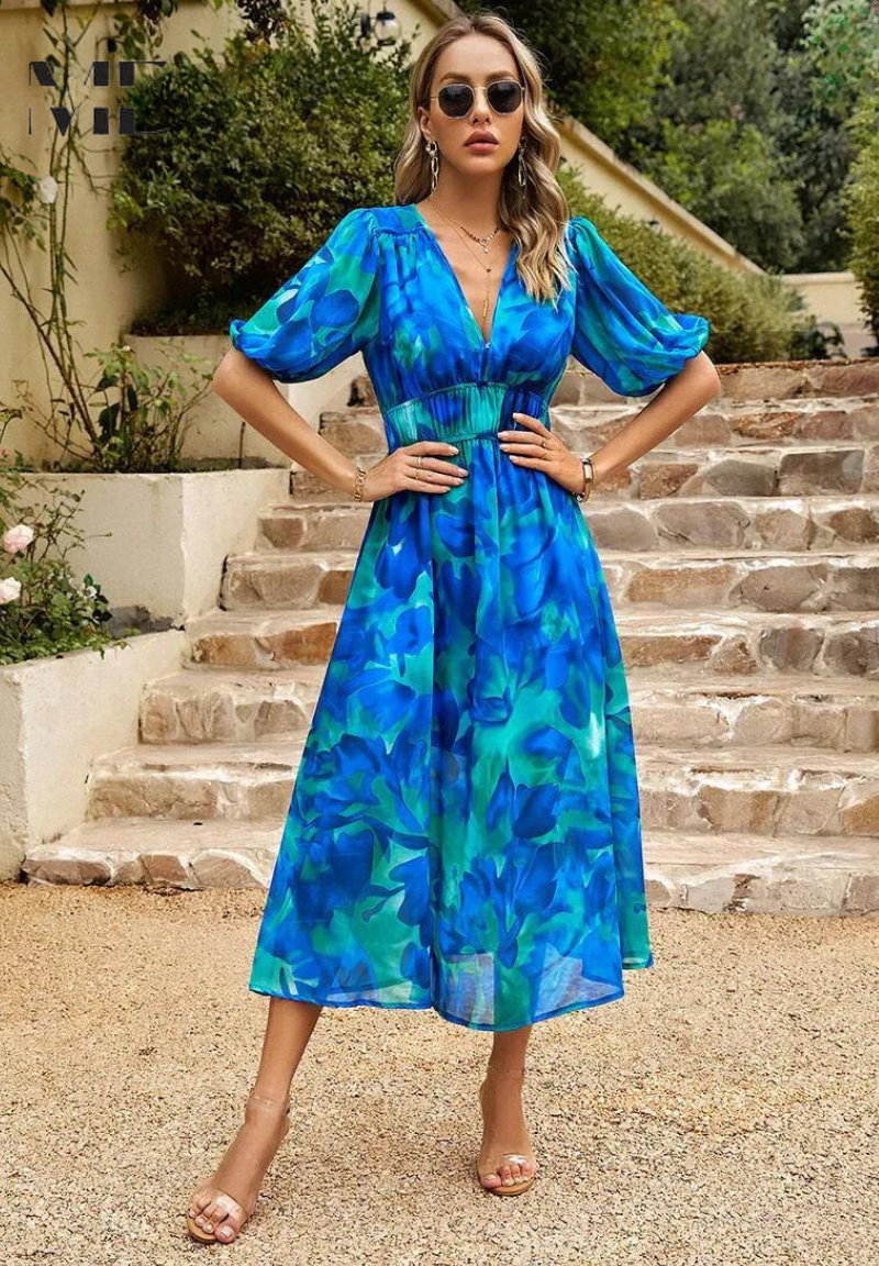 Women's Floral Print Casual Midi Dress — close-up