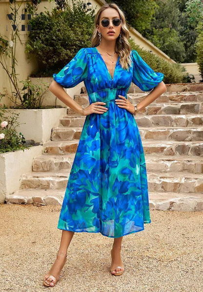 Women's Floral Print Casual Midi Dress — close-up