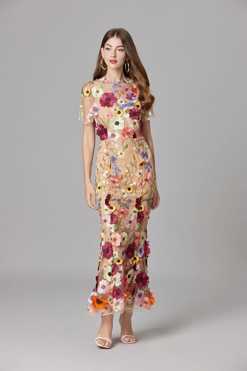 Women's Floral Appliqué Summer Gala Maxi Dress — close-up