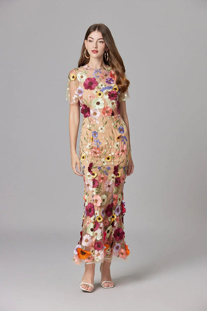 Women's Floral Appliqué Summer Gala Maxi Dress — close-up