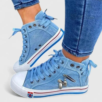 Light blue denim high-top sneakers with side zipper and lace-up closure — side view on model