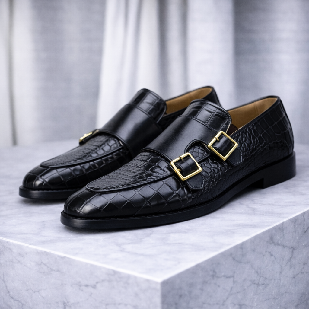 Men's Croc-Embossed Leather Monk Strap Shoes — detail view