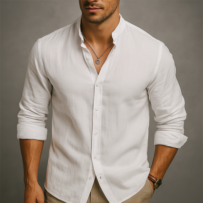 Men's Pure Linen Band Collar Shirt — detail view