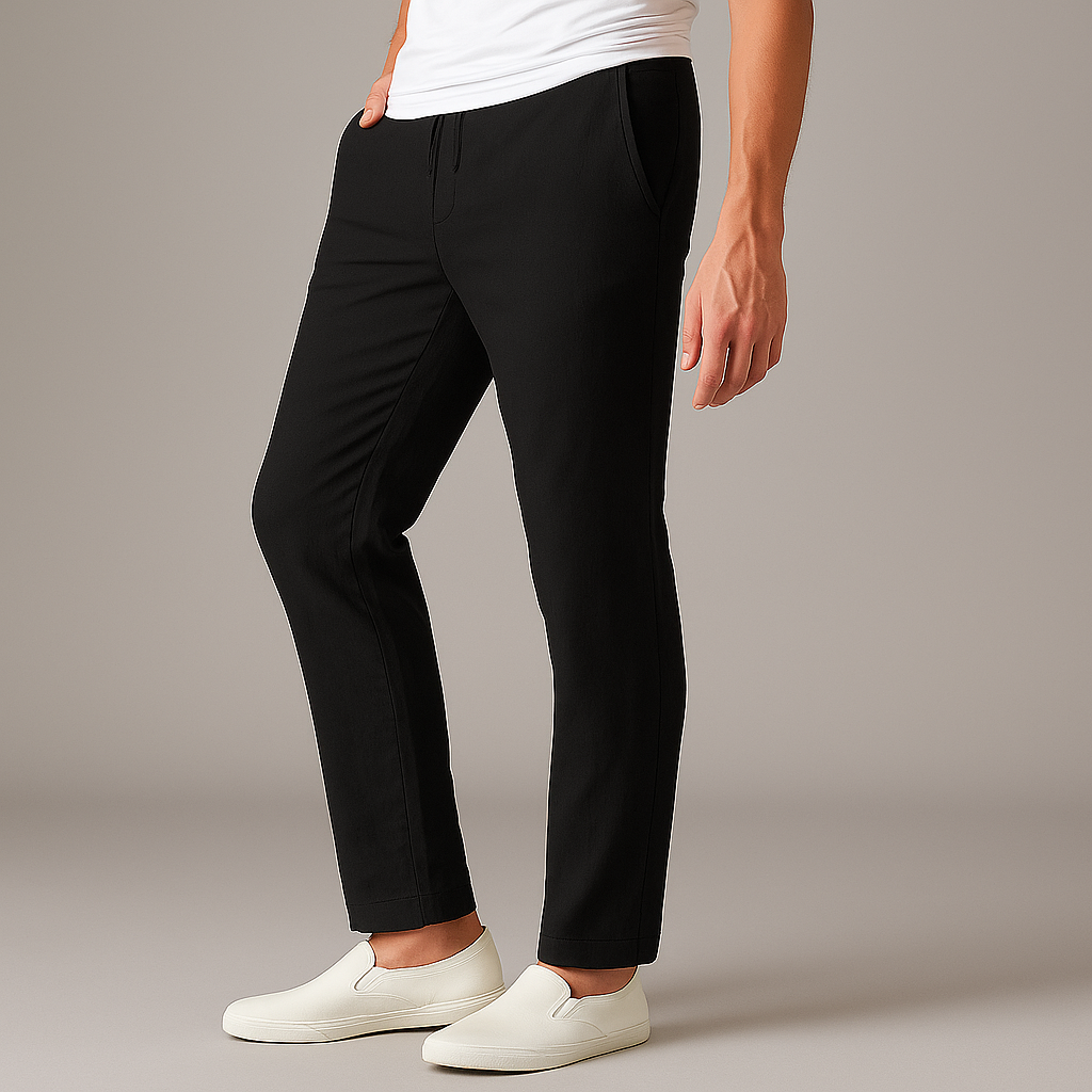 Black drawstring linen pants on model — front angled view