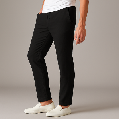 Black drawstring linen pants on model — front angled view