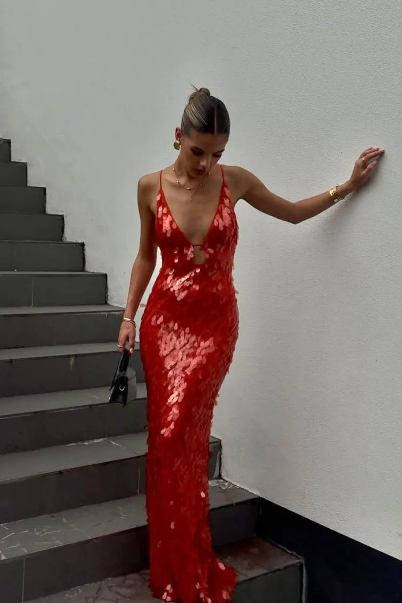 Red sequin evening maxi dress with plunging neckline — front view on model