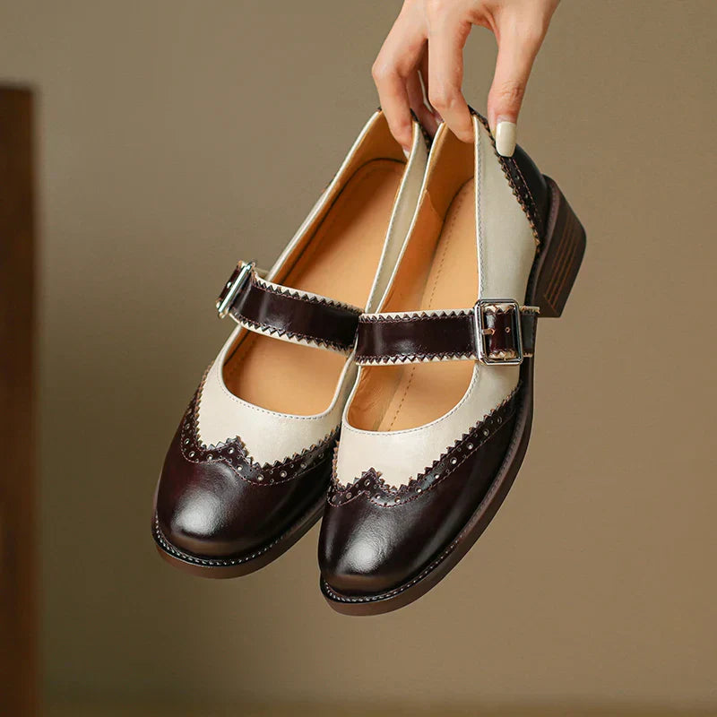 Women's Two-Tone Leather Mary Jane Brogue T-Strap Shoes — side view