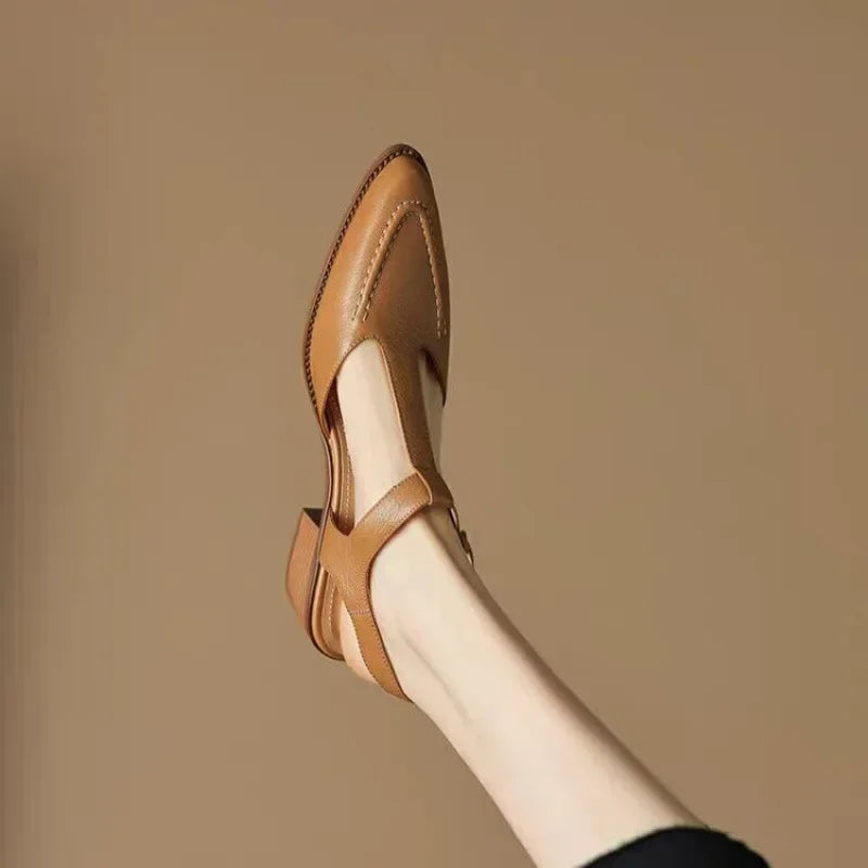 Women's T-Strap Buckle Shoes Pointed Toe Low Heel — product view