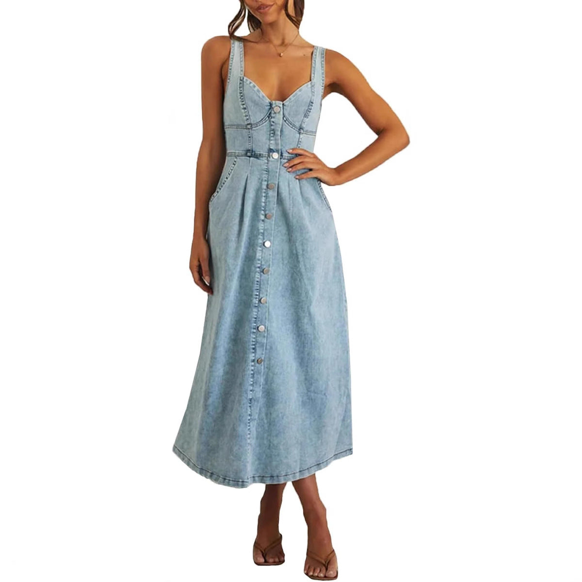 Women's Sleeveless Denim Casual Midi Dress — front view