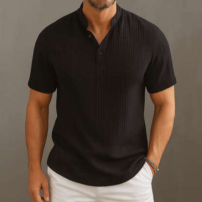 Men's Linen Band Collar Popover Shirt — product view