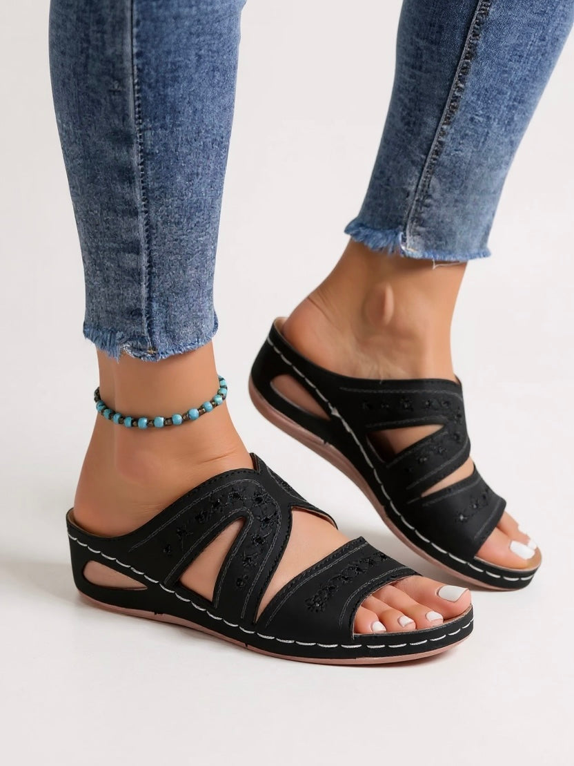 Women's Cushioned Slip-On Flat Sandals — front view