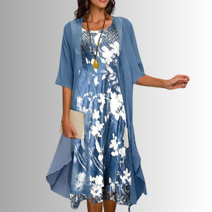 Floral Print Midi Dress with Cardigan Set for Women