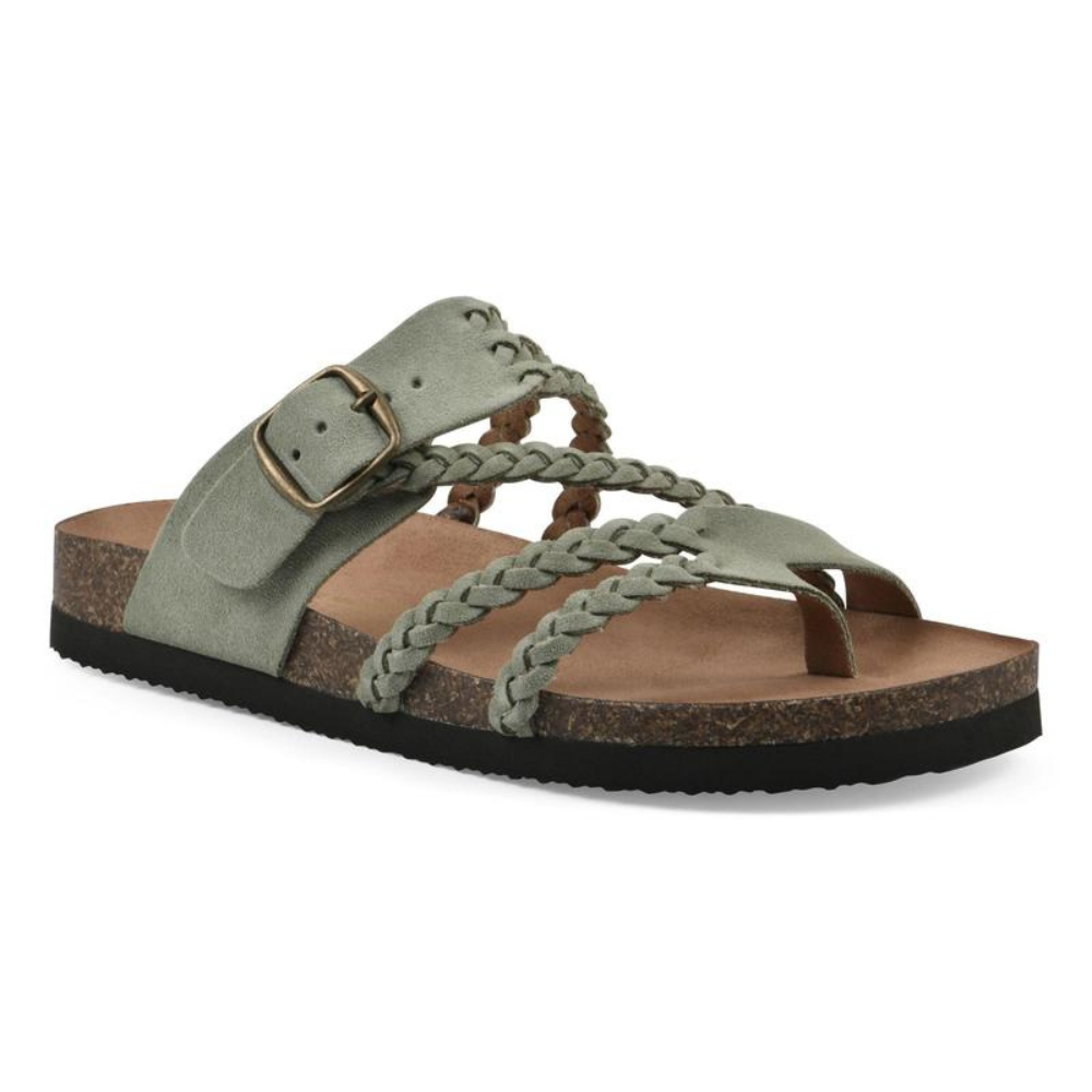Sage green braided toe-loop sandal with buckle strap and cork footbed — side angle view