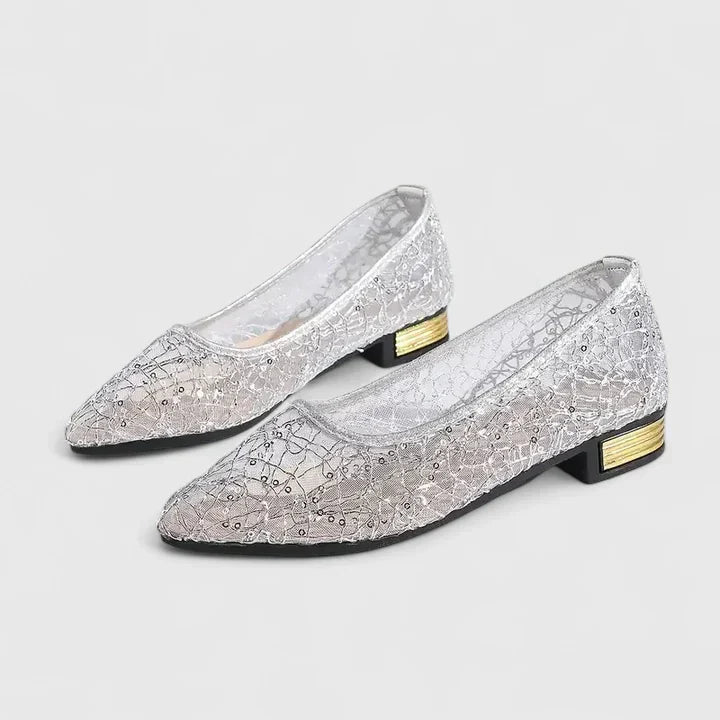 Women's Lace Pointed Toe Flats Low Block Heel — front view