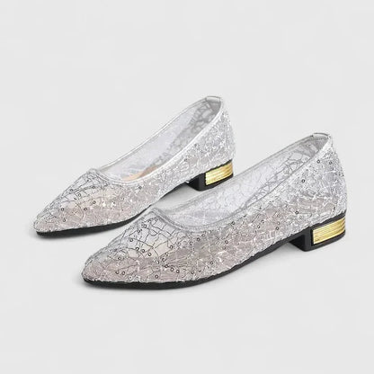 Women's Lace Pointed Toe Flats Low Block Heel — front view