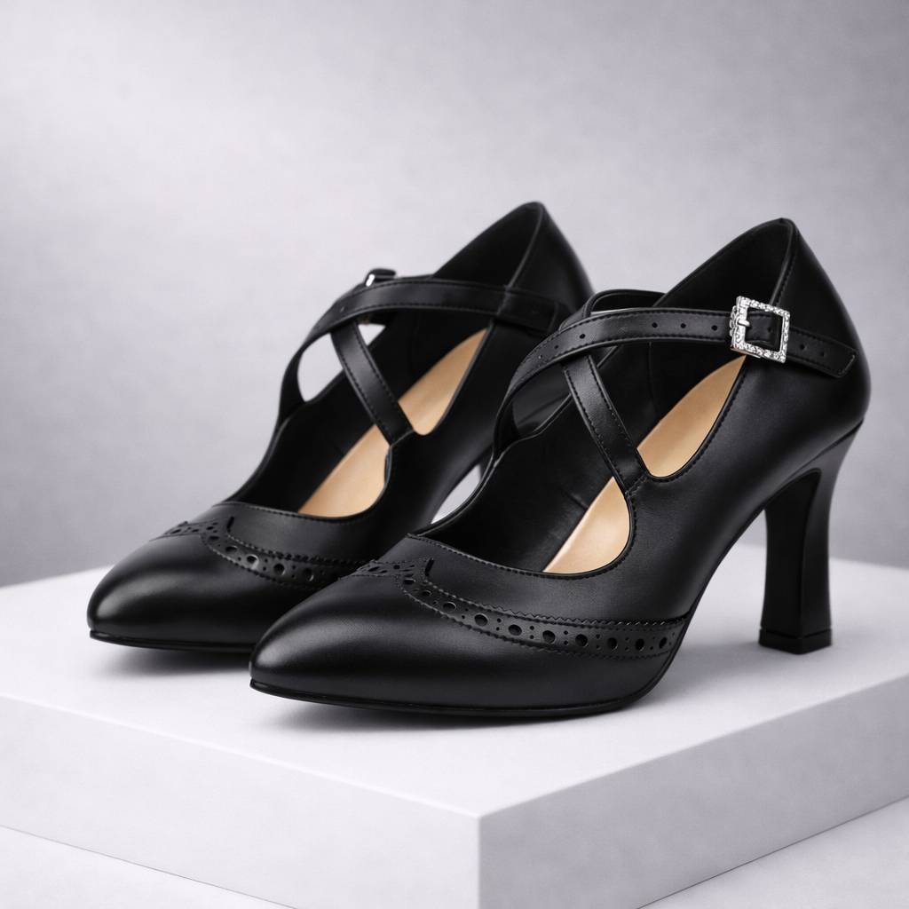 Women's Leather T-Strap Block Heels — close-up