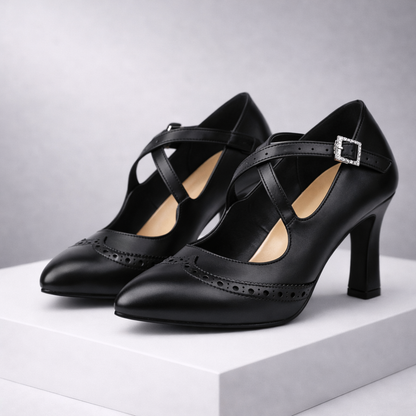 Women's Leather T-Strap Block Heels — close-up