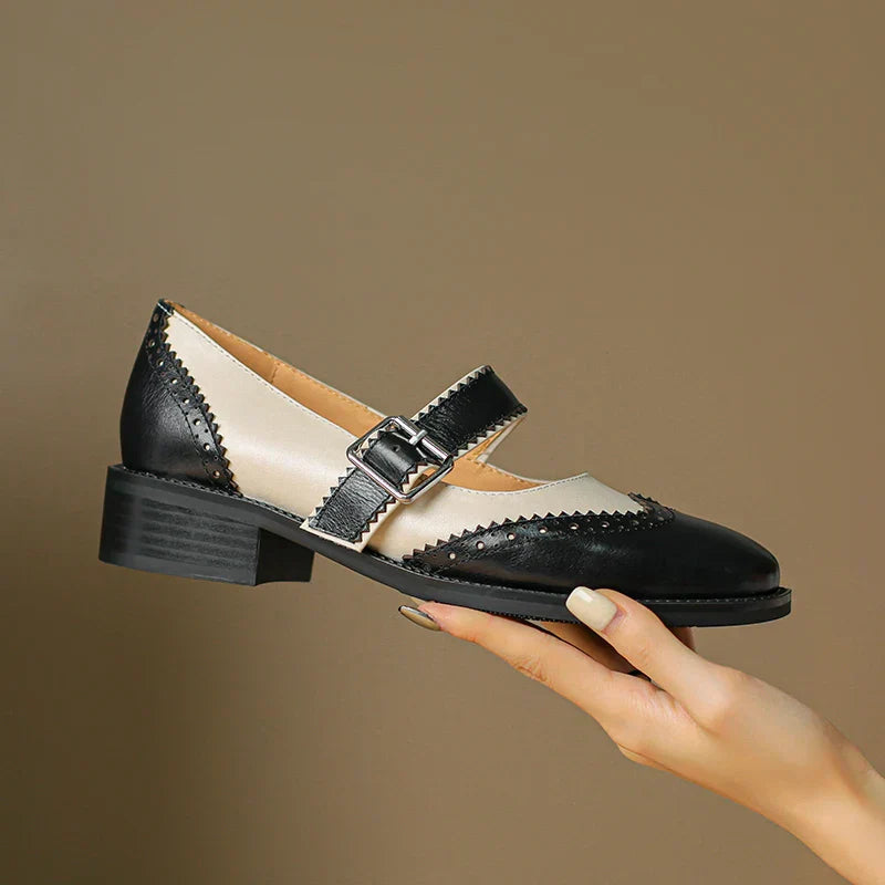 Women's Two-Tone Leather Mary Jane Brogue T-Strap Shoes — detail view