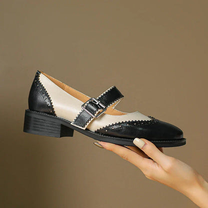 Women's Two-Tone Leather Mary Jane Brogue T-Strap Shoes — detail view