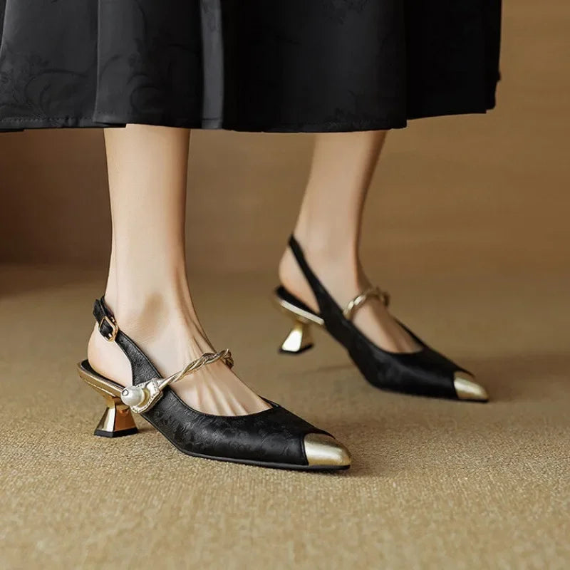 Women's Pearl Slingback Kitten Heel Pointed Toe Pumps — close-up
