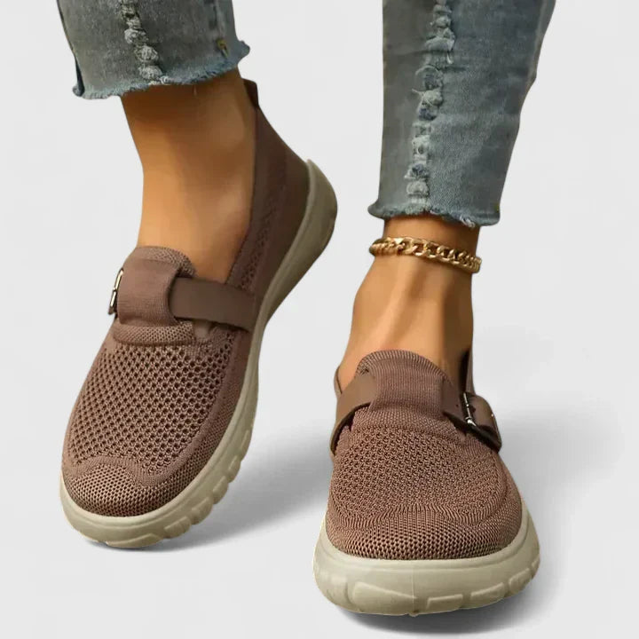 Women's Mesh Slip-On Sneakers with Buckle Strap — product view